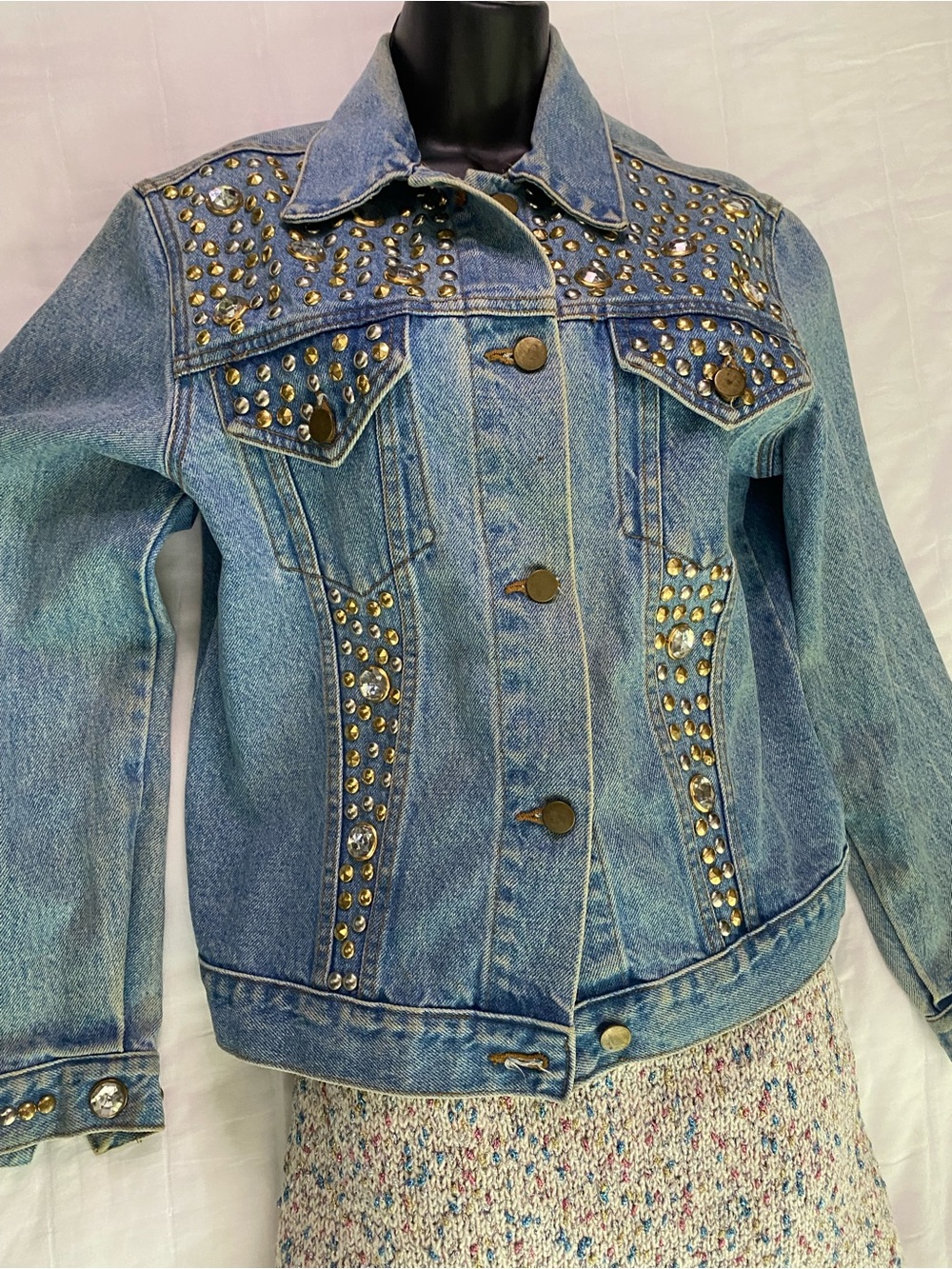 Embellished Light Blue Denim Jacket with Gold Studs - Women's Jean Jacket